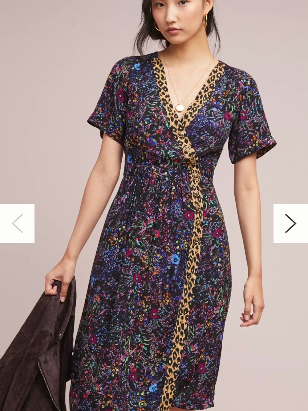 Anthropologie Black Floral Wrap Dress with Leopard Trim